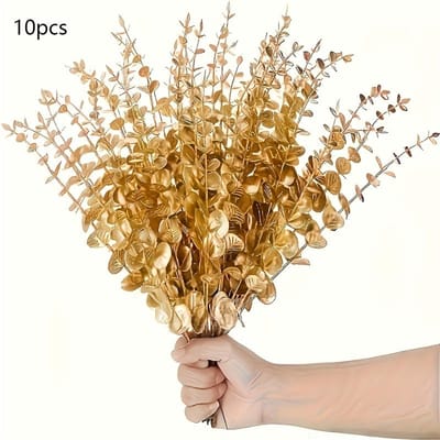 Set van 10 stuks gesimuleerde gouden bloemen voor huisdecoratie, hotelbadkamer en woonkamerdecoratie, eucalyptusbloemen goud