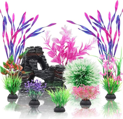 Aquariumaccessoires: Set van 10 kunstplanten en grottenstenen voor aquariums, ideaal voor decoratie en schuilplaatsen