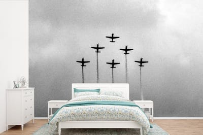 Behang - Fotobehang Vintage - Vliegtuig - Lucht - Wolken - Zwart wit - Breedte 360 cm x hoogte 240 cm