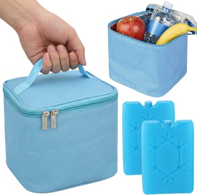 Blauwe koeltas 17x17x15cm 4L met twee koelelementen, geïsoleerde lunchbox