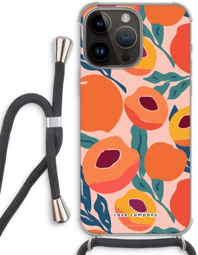 Case Company® - Hoesje met koord geschikt voor iPhone 14 Pro Max hoesje met Koord - Perzik - Telefoonhoesje met Zwart Koord - Bescherming aan alle Kanten en Over de Schermrand