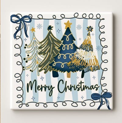 Merry Christmas Kerstbomen Illustratie Tegel – Feestelijke Kerst Woondecoratie – Keramische Tegel 15 x 15 cm