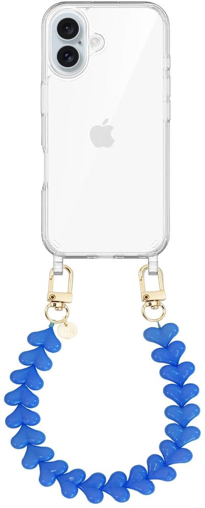 xoxo Wildhearts siliconen hoesje - Geschikt voor iPhone 17 hoesje - Funky Hearts - Telefoonhoesje - Hoesje met koord - Denim Blauw koord - kort telefoonkoord - Hartjes ketting - Transparant hoesje