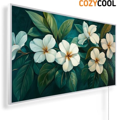 Infraroodpaneel met afbeelding | Witte bloemen met weelderige groene bladeren | 1200 Watt | Witte lijst | Infrarood verwarmingspaneel | Infrarood paneel | Infrarood verwarming