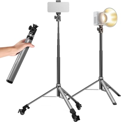 Verstelbare Aluminium Lichtstatief met 1/4 Inch Schroef en Telefoonhouder, Ideaal voor Fotografie en Videografie, Inclusief Afneembare Wielen voor Gemakkelijk Gebruik