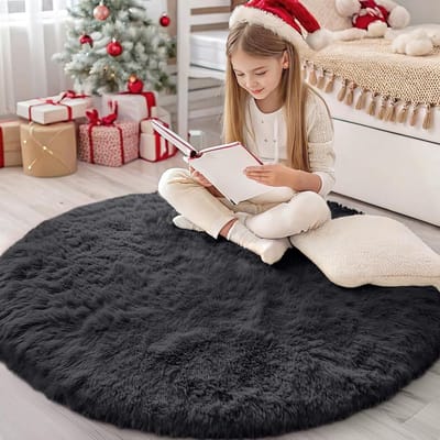 Famanu – Hoogpolig rond tapijt antislip wasbaar 120 cm zwart voor slaapkamer en kinderkamer