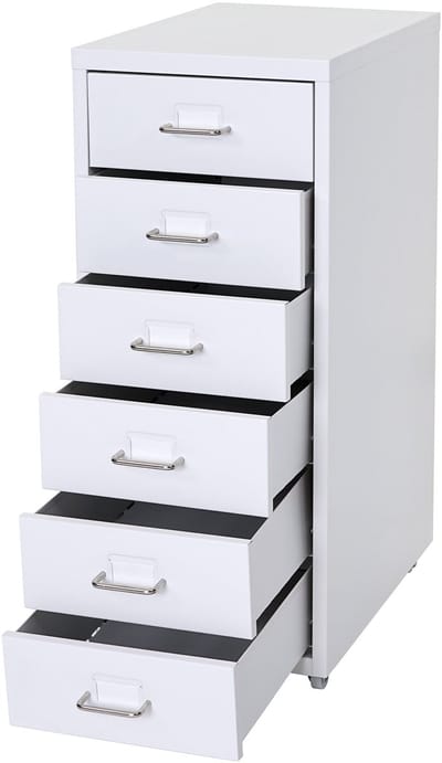 Ladekast op wielen, stalen kast, 69x28x41cm 6 laden ~ wit