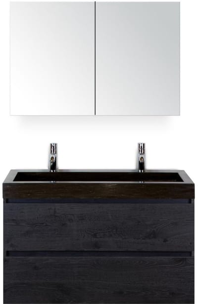 Maxx XL Badmeubelset 100 cm - Black Oak - Wastafel Lucca 2 Kraangaten met Spiegelkast