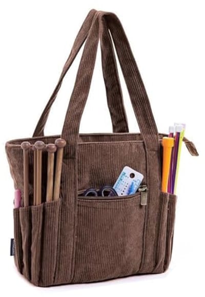 longziming -Tote bag - Brei- en Haaktas met Grote Capaciteit – Cord Garenopbergtas met Handvat – Organizer voor Haaknaalden, Breinaalden en Accessoires - Bruin