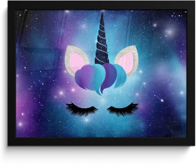 Poster in lijst - Fotolijst 40x30 cm - Posters - Eenhoorn - Sterren - Magisch - Blauw - Posterlijst zwart - Decoratie - Wanddecoratie woonkamer - Muurdecoratie slaapkamer