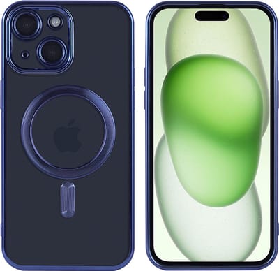 Hoesje Geschikt voor iPhone 15 Plus Magsafe hoes - Lens beschermer – backcover – Transparant / Blauw