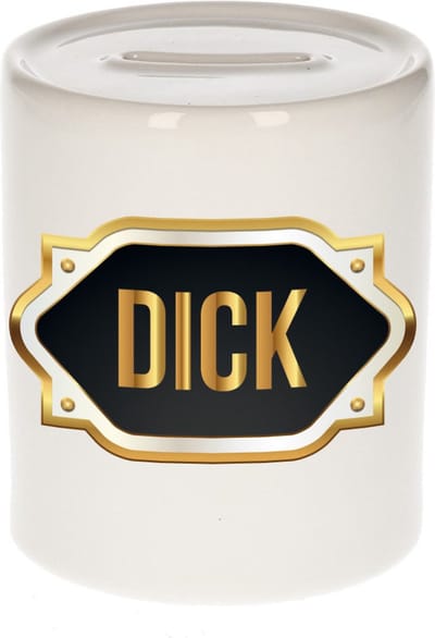 Spaarpot met voornaam Dick - wit - met goud/zwart embleem - 8 x 9 cm - keramiek - met afsluitdop - cadeau verjaardag