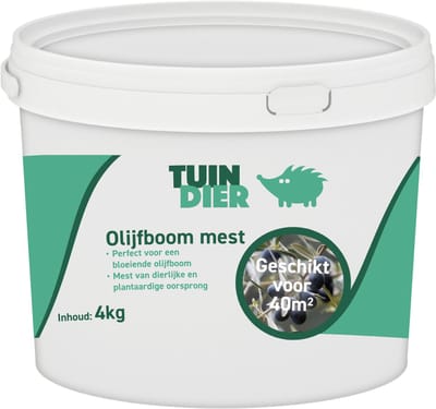 Olijfboom mest | TUIN-DIER® | Olijfboom voeding | Olijfboom meststof | 100% natuurlijk | In handige bewaaremmer | 4.000 gram | 4 kilogram