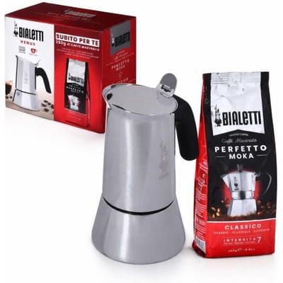 Cafetiere italienne Bialetti VENUS + 1 paquet de café Moka Classico 250 g - capacité 6 tasses - Argent - compatible induction