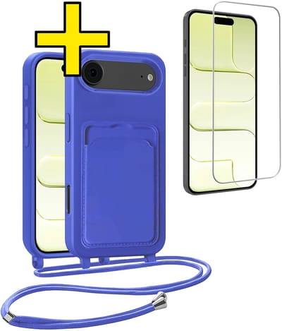 Hoesje Geschikt voor iPhone Air Telefoonhoesje Met Koord Case Pashouder Met Screenprotector Siliconen - Hoes Geschikt voor iPhone Air Hoesje Met Kaarthouder - Felblauw