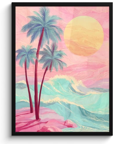 Poster in lijst - Fotolijst 60x80 cm - Posters - Palmbomen - Golven - Zee - Posterlijst zwart - Decoratie - Wanddecoratie woonkamer - Muurdecoratie slaapkamer