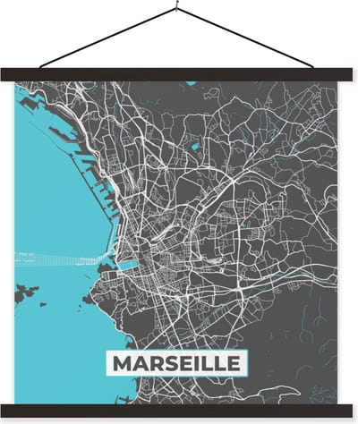 Posterhanger incl. Poster 60x60 cm - Schoolplaat - Marseille - Frankrijk - Kaart - Plattegrond - Stadskaart - Textielposter - Zwarte latten - Stadskaart