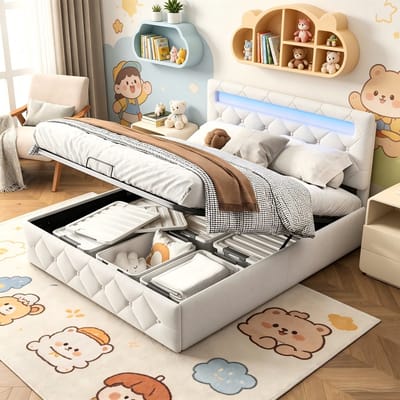 Opbergbed 160x200 cm – Gestoffeerd bed met LED-verlichting - Tweepersoonsbed met Lattenbodem en hoofdbord - Abrikoos Fluweel - zonder matras