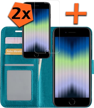 Hoes - Met 2x Screenprotector - Geschikt voor Apple iPhone SE (2022) - Luxe Pasjeshouder - Bookcase Portemonee - Flip Case - Kunstleer Book Case - Flipcase Hoes - Book Cover - Walletcase - PortemonneeHoes - Turquoise