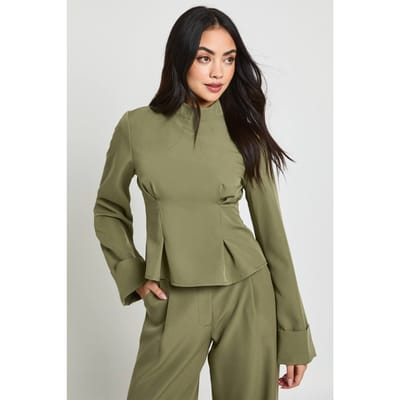 boohoo Dames Hoge Hals Peplum Top | Donkere Olijf | Maat: 34