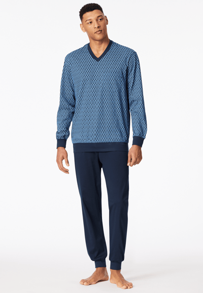 Schiesser pyjama heren lange mouw 100% katoen - Comfort - 181162 - Met boordjes - 58 - Blauw