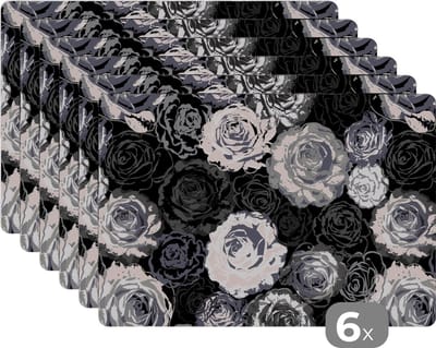 Placemat - Placemats kunststof - Rozen - Zwart Wit - Patronen - 45x30 cm - 6 stuks - Hittebestendig - Anti-Slip - Onderlegger - Afneembaar