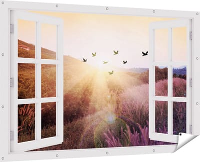 Gards Tuinposter Doorkijk Silhouet Zwerm Vogels bij Zonsondergang - 180x120 cm - Tuindoek - Tuindecoratie - Wanddecoratie buiten - Tuinschilderij