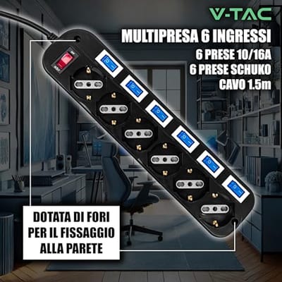 Meervoudig Elektrisch Stopcontact met Onafhankelijke Schakelaars - 6 Stopcontacten, 10/16 A Bypass
