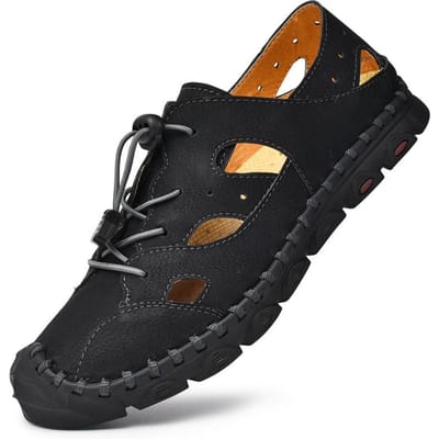 Grote Maten Zomer Heren Echt Leder Gesloten Teen Sandalen Casual Ademend Strand Heren Modieuze Gat Dubbel Gebruik Schoenen 46 black