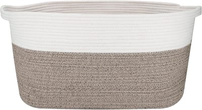 Grote Opbergmand van Sterk Geweven Katoenen Touw voor Wasgoed, Speelgoed en Handdoeken, 57 x 38 x 30 cm, Wit en Khaki