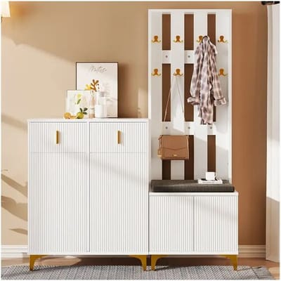 Merax Schoenenkastset met schoenenbank, kapstok - 60,5x35,2x180,5 cm + 83x35x101 cm - Spaanplaat - Wit