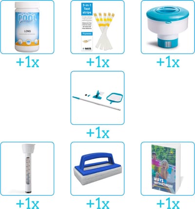 Zwembad Onderhoudspakket - Onderhoud Zwembad - bevat Chloor - Testrips - Chloordrijver - Schoonmaakset - Thermometer - Scrubborstel en Zwembadgids (7-delig)