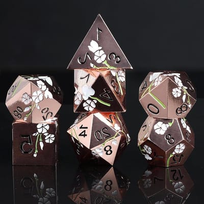 Dobbelstenen Set - Polyedrische Kubussen - Rollenspellen Spelen - Metaal met Bloemen Design - 7 Delig - Goud Wit