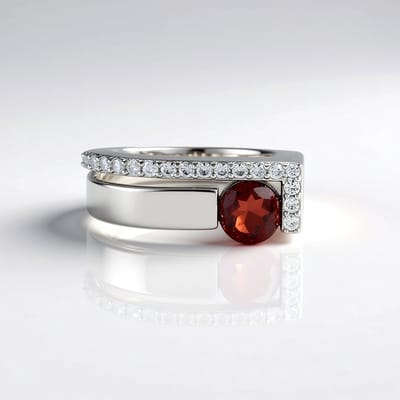 Cavill - 925 Sterling Zilver Ring Geplatineerd - Mozambique Granaat 0,855 ct & Zirkonia 0,421 ct - Modern Exclusief Design - Ronde Edelsteen Ring