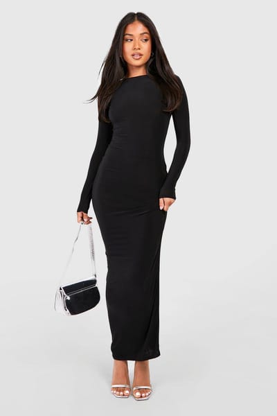 boohoo Dames Petite Slinky Scoop Neck Maxi Jurk met Lange Mouwen | Zwart | Maat: 42