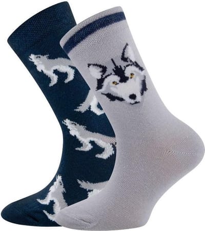 Dubbelpak Kindersokken Grijs en Blauw met Wolven - 23/26
