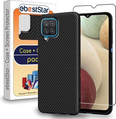 ebestStar - Hoes geschikt voor Samsung Galaxy A12 SM-A125F, Hoogwaardig Zacht TPU Bescherming, Koolstof Design Hoesje, Zwart + Gehard Glas