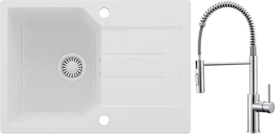 Anycee MAX Spoelbak Keuken 65x45CM - Granieten Spoelbakken Met keukenkraan met uittrekbare uitloop - Onderbouw Spoelbak Wit - Met waterafvoersysteem - Voor 40 cm kast
