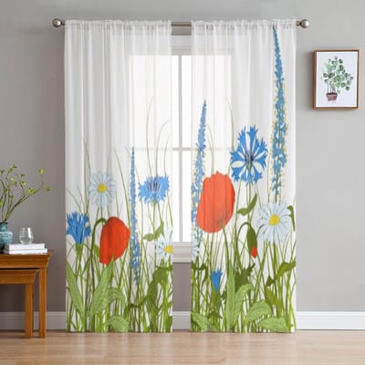Veldbloemen En Gras Tule Gordijnen Voor Woonkamer Keuken Raam Draperieën Huisdecoratie Transparant Gordijn Voor Kinderkamer 135W x 114H(cm) white