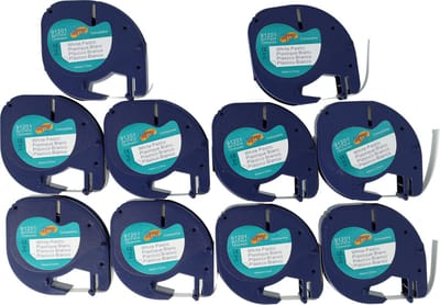 Dappaz - 10 stuks Dymo Compatible Label tape 91201 Zwart op Wit - 12 mm x 4 m - Geschikt voor Dymo LetraTag Labelprinter - S0721610