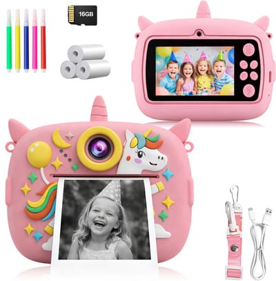 Peblo® Digitale Kindercamera met Foto Printer - Fototoestel voor Kinderen - Speelgoedcamera - Selfie Camera - Kinder Fotocamera Instant Print- Speelgoed Video Camera Kind - Vlogcamera Kids - SD Kaart 16GB - Unicorn Roze