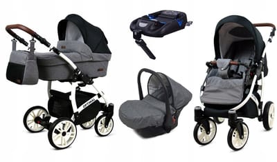 BabyLux® Kinderwagen 4in1 – OPTIMAL - GREY FLEX BLACK WHITE FRAME - Opklapbare Wandelwagen incl. Reiswieg, Multifunctionele Buggy Sportstoel, Autostoel, ISOFIX basisstation - Combi-kinderwagen met Luiertas, Regenhoes, Klamboe
