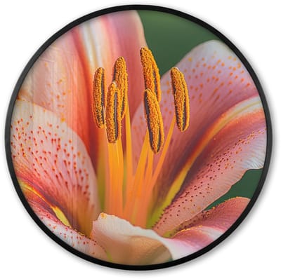 Poster in lijst Rond - Fotolijst 60x60 cm - Posters - Lelie - Close up - Lichtroze - Ronde posterlijst zwart - Decoratie - Wanddecoratie woonkamer - Muurdecoratie slaapkamer