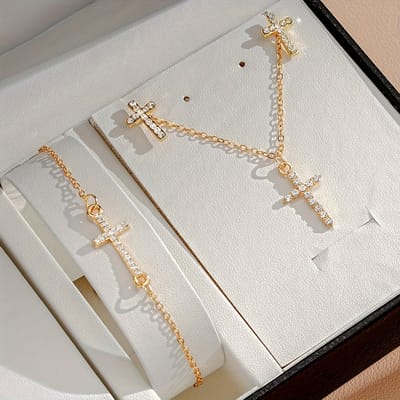 VANDAAG VERZONDEN - Set 4 STUKS - Ketting Armband Oorbellen - Kruis - Diamanten - Goud - Christelijk - Jezus