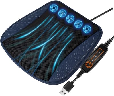KZQ Autostoelkussen met ventilator - Autostoelkussen - Koelend autostoelkussen - Ademend mesh-kussen - Ingebouwde 5 ventilatoren - 3 snelheidsstanden - USB-voeding - Antislip onderkant - Geschikt voor vrachtwagens en alle soorten voertuigen - Blauw