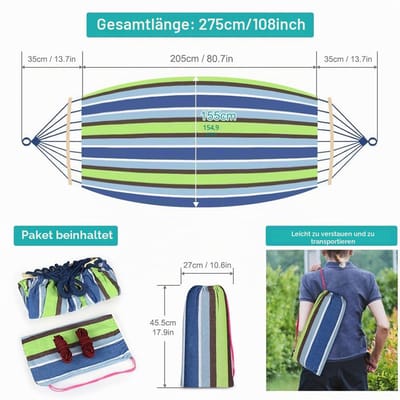Hangmat Buiten Camping Hangmat met Gebogen Houten Stang, Bevestigingsriemen en Draagtas voor Binnenshuis, Balkon, Terras, Tuin, Backpacken