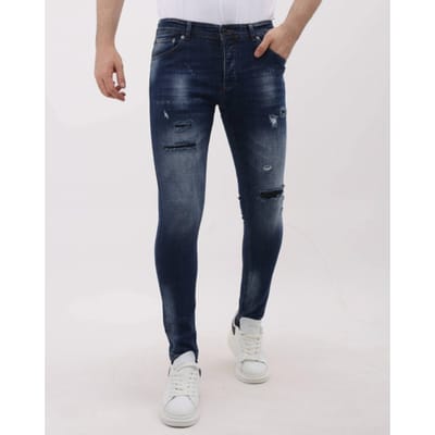 Spijkerbroek Heren Volwassenen - Strakke Spijkerbroek Heren Jeans Slim Fit - Jeans met Scheuren - Ripped Jeans Heren - MM-S-100 - Blauw