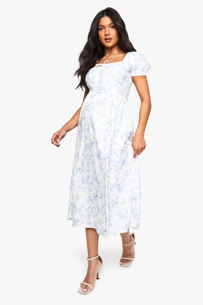 boohoo Dames Zwangerschapsjurk met bengaline, pofmouwen, porseleinen print en melkmeisje midi-jurk | Lichtblauw | Maat: 36