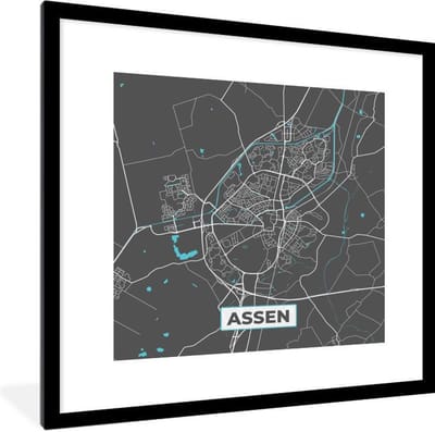 Fotolijst incl. Poster - Plattegrond - Assen - Grijs - Blauw - 40x40 cm - Posterlijst - Stadskaart