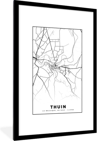 Fotolijst incl. Poster Zwart Wit- Plattegrond – Thuin – Zwart Wit – Stadskaart - Kaart - België - 80x120 cm - Posterlijst